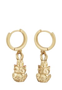 Gold hoop earrings featuring dangling rabbit charms, detailed with texture and a bow accent. The rabbit design adds a playful element.