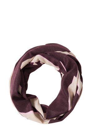 Bufanda circular hecha de tejido suave con base burdeos y patrones geométricos en beige y rosa. Textura ligera y acogedora.