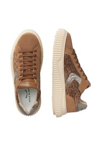 Brown sneakers with suede and textured patterns; silver accents; round laces; cream rubber sole with ridged edges; logo visible inside.