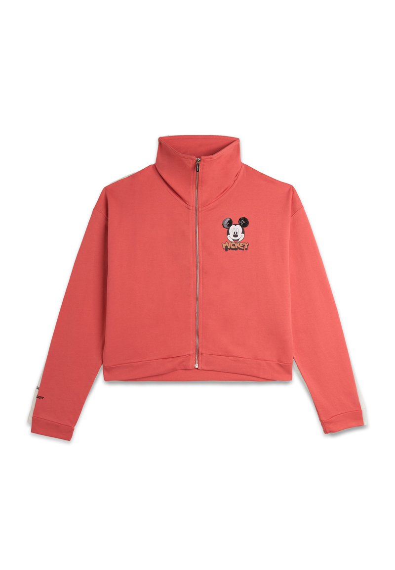 Sweatshirt court corail avec col haut, fermeture éclair à l'avant et motif brodé de Mickey Mouse en noir et blanc. Tissu doux avec des poignets ajustés.