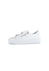 Witte sneaker met een textuur rubberen zool, ronde neus, ritsdetail en decoratieve accenten. Gemaakt van synthetisch leer voor duurzaamheid.