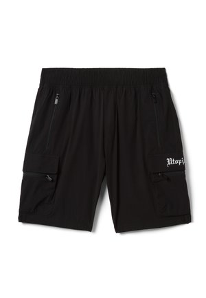 Zwarte cargoshorts met elastische taille, ritssluitingen aan de zijzakken en de tekst "Utopia" op de klep van de rechterzak.
