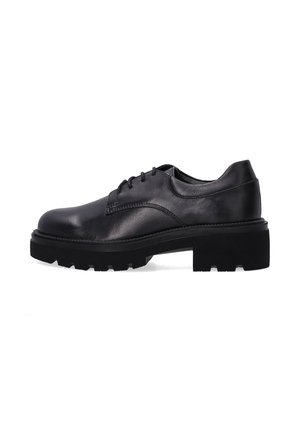 Black leather shoes with a rounded toe and thin lace-up design. Textured surface and thick, rugged black rubber sole with traction.