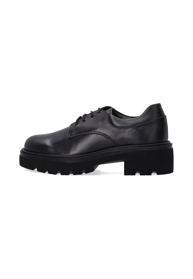 Zwarte leren schoenen met een ronde neus en een dunne vetersluiting. Textuur van het oppervlak en een dikke, robuuste zwarte rubberen zool met grip.
