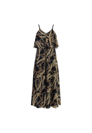 Zwarte jurk met een gouden en zilveren kettingprint, met een getailleerde corsage, uitlopende rok en verstelbare spaghetti-bandjes. Vloeiende textuur.