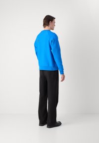 Felpa blu con collo rotondo, tessuto testurizzato e polsini a costine, abbinata a pantaloni neri, vista da dietro. Design semplice.