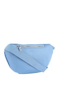 Borsa in nylon azzurro chiaro con forma arrotondata, dotata di una zip argentata e di una tracolla in tessuto testurizzato per un facile trasporto.