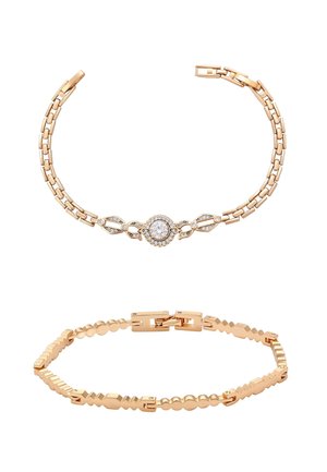Dwie bransoletki z różowego złota; jedna ma centralny okrągły diament otoczony mniejszymi diamentami, druga zawiera połączone geometryczne kształty.