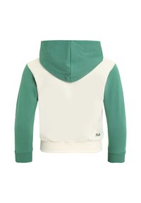 Sudadera con capucha en color crema y verde. Presenta un bolsillo tipo canguro, puños acanalados y un logo en la parte inferior derecha. Tejido de mezcla de algodón.