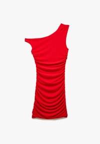 Robe moulante rouge à une épaule avec une texture froncée, faite d'un tissu extensible, mettant en valeur des volants horizontaux sur les côtés.