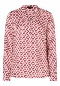 Chemise à manches longues en tissu blanc avec un motif géométrique rouge et rose. Présente un col en V et un ourlet droit.