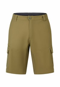 Khaki Cargo-Shorts mit glatter Textur, ausgestattet mit zwei Seitentaschen, einem Knopfverschluss und genähten Details entlang der Nähte.