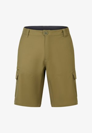 Khaki színű cargo sort sima textúrával, két oldalsó zsebbel, gombos záródással és varrott részletekkel a varrás mentén.