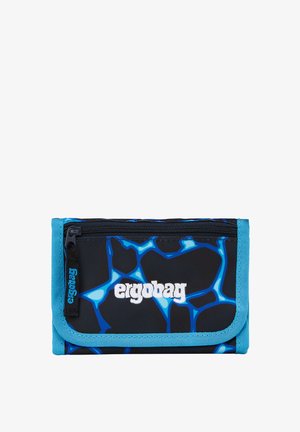 Blue and black patterned folded wallet with a zipper pocket and "ergobag" logo embroidered in white on the front flap.