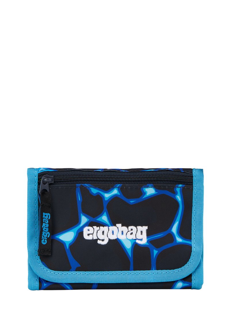 Blue and black patterned folded wallet with a zipper pocket and "ergobag" logo embroidered in white on the front flap.