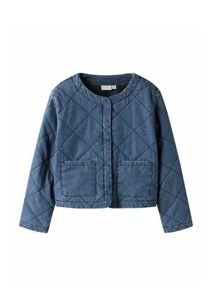 Sinine tikitud jakk ümarate kaelusega, pikkade varrukatega, ees sulguv ja kahe ruudukujulise ees taskuga.