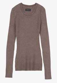 Maglione lungo a maniche raglan marrone con scollo rotondo e polsini aderenti. Il materiale sembra morbido e presenta una sottile texture su tutta la superficie.