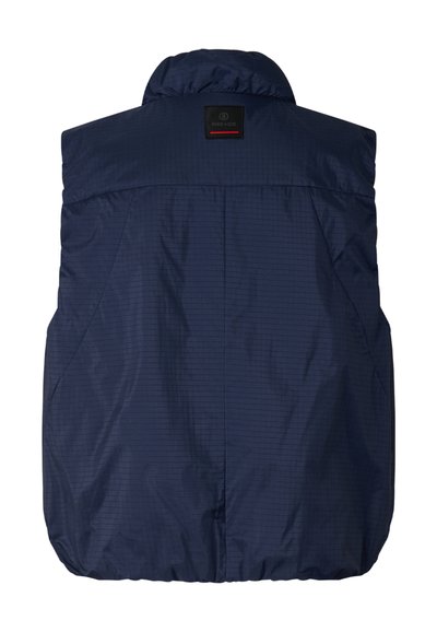 Marineblå ærmeløs polstret vest med høj krave og lille sort mærkat centreret nær toppen på ryggen.