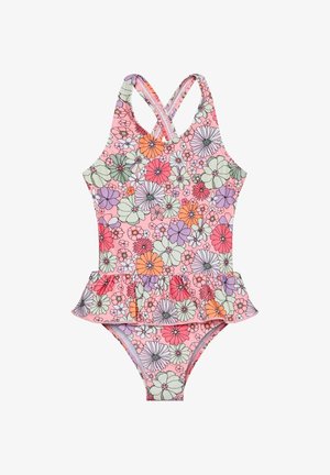 Floraler Einteiler-Badeanzug mit rosa Hintergrund, mehrfarbigen Blumenmustern, einem Volant am Saum und gekreuzten Trägern.