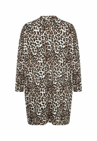 Duga majica s leopard uzorkom, labavog kroja, mekog materijala, okruglog izreza i uzorkom crnih i smeđih pjega na krem pozadini.