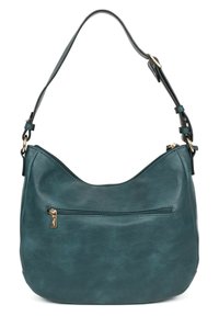 Borsa a spalla in pelle teal dal design morbido, con una tasca frontale con zip e una tracolla staccabile con accessori in metallo dorato.