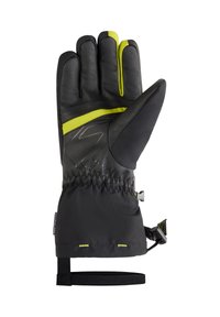 Black winter glove featuring a leather exterior, bright yellow accents, adjustable wrist strap, and elastic cuff for a secure fit.