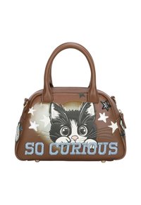 Borsa marrone con illustrazione di un gatto dagli occhi grandi, testo "SO CURIOUS" in blu e decorazioni a forma di stella. Materiale in pelle liscia, forma strutturata.