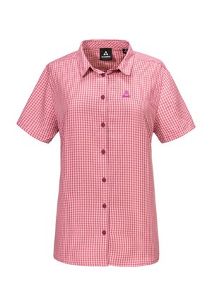 Kurzärmliges Hemd mit rosa-weißem Vichy-Karos, Knopfleiste und Kragen sowie kleinem gesticktem Logo auf der linken Brust.