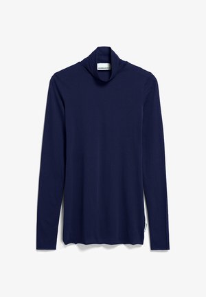 Marineblauwe langemouw turtleneck top van zachte stof, met een relaxte halsontwerp en een gladde textuur zonder patronen of versieringen.