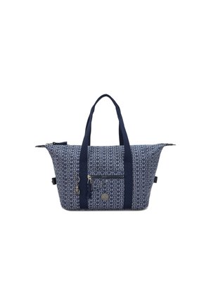 Borsa a tracolla blu navy con motivo geometrico, materiale in tessuto, doppie maniglie, tasca frontale con zip e dettagli in metallo.