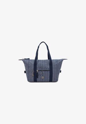 Borsa a tracolla blu navy con motivo geometrico, materiale in tessuto, doppie maniglie, tasca frontale con zip e dettagli in metallo.