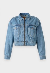 Cropped denim jacket in light blue, featuring a front zipper, two chest pockets, and long sleeves. Distressed texture with visible stitching.