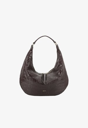 Dunkelbraune Leder-Hobo-Tasche mit Krokodilprägung, ausgestattet mit einem Reißverschluss und einem Schulterriemen. Goldfarbene Hardware-Akzente.