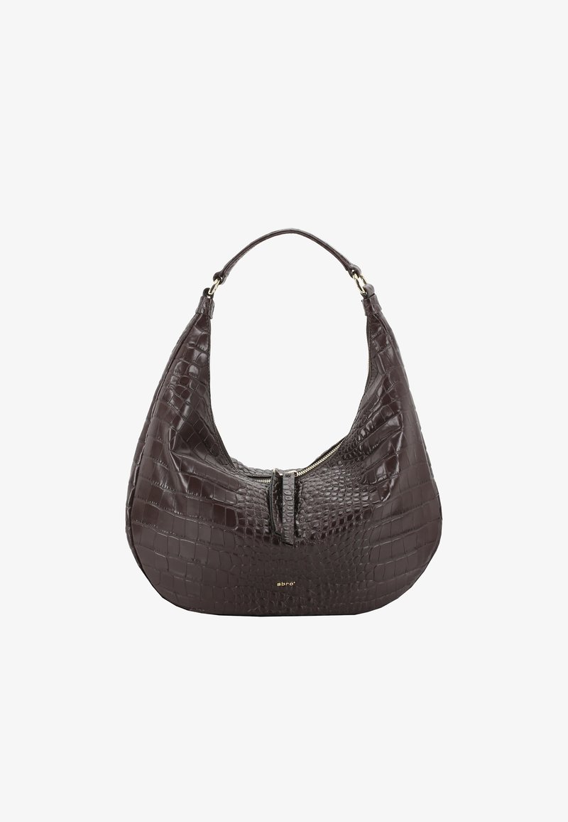 Dark brown leather hobo bag with a crocodile texture, featuring a zip closure and a single shoulder strap. Gold hardware accents.