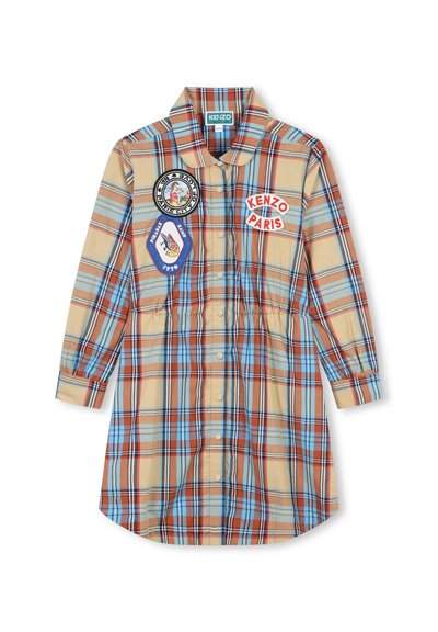 Abito a camicia a quadri in beige, blu e arancione, con vita aderente, chiusura frontale a bottoni e tre toppe ricamate sul petto. Maniche lunghe.