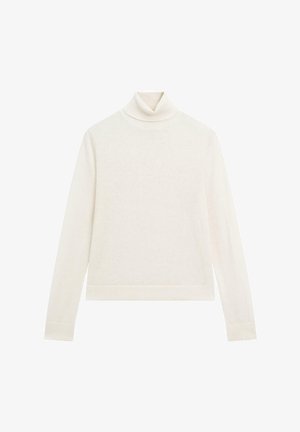 Pull à col roulé couleur crème en tissu doux, avec manches longues, coupe ajustée et poignets côtelés, sans motifs ni ornements.