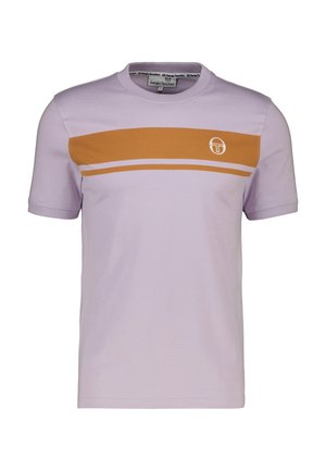 Purple short-sleeve T-shirt with a brown horizontal stripe and white accent stripes, featuring a circular logo on the chest. Cotton material.