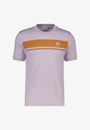 Purple short-sleeve T-shirt with a brown horizontal stripe and white accent stripes, featuring a circular logo on the chest. Cotton material.