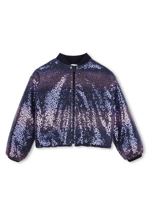 Veste bomber courte recouverte de sequins brillants violets et bleus avec col noir, poignets, fermeture éclair à l'avant et ourlet élastique.