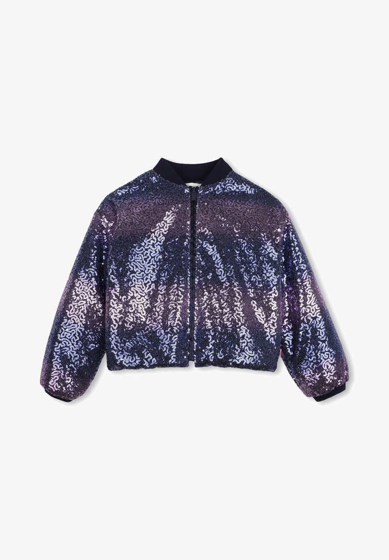 Veste bomber courte recouverte de sequins brillants violets et bleus avec col noir, poignets, fermeture éclair à l'avant et ourlet élastique.