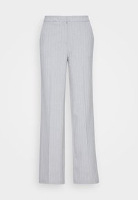 Jasnoszare spodnie o prostych nogawkach z subtelnym wzorem w prążki, wykonane z gładkiej tkaniny i z podstawowym pasem.