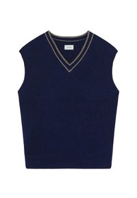 Granatowy bezrękawnik z dzianiny z dekoltem w serek oraz kontrastowymi jasnobrązowymi i szarymi wykończeniami wzdłuż dekoltu. Miękka tekstura, prążkowany design.