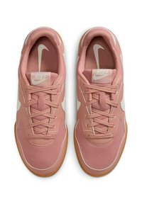 Baskets Nike roses avec un matériau doux, un design à lacets, un logo blanc et une semelle en caoutchouc naturel, présentant des surfaces lisses et des accents subtils.