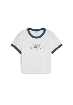 T-shirt blanc à manches courtes avec un col et des manches en rib côtelé teal ; présente le texte "YOUTH UNIFIED" centré sur le devant. En coton.