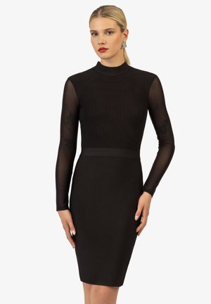 Zwarte jurk met een aansluitende silhouet, lange doorzichtig mesh mouwen en een hoge halslijn. Soepele stof met een tailleband detail.