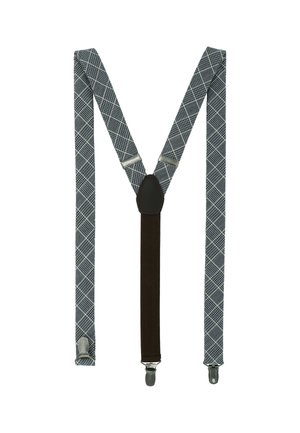 Karierte blaue und graue Hosenträger mit elastischen Riemen, braunem Lederhinterteil und Metallclips an den Enden. Flaches Design mit einem geometrischen Muster.