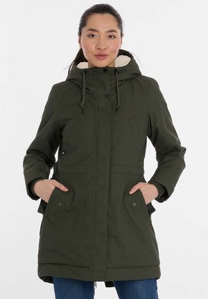 Olive green parka with a fur-lined hood, zip and button closure, side pockets, and a slightly tapered silhouette for warmth.