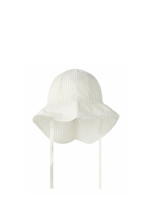 Light beige bucket hat with thin vertical stripes, wavy brim, and two long chin straps.