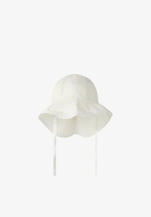 Light beige bucket hat with thin vertical stripes, wavy brim, and two long chin straps.