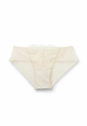 Beige korte panties met een doorschijnend kanten paneel aan de achterkant, golvende randen en een gladde katoenen voorkant. Zachte textuur en delicate bloemenpatroon.